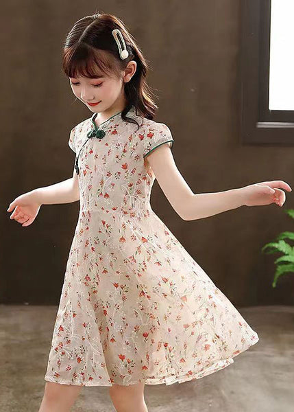 2024 New Green Stand Collar Print Girls Maxi Dresses Short Sleeve MN010 MM-RCTZ-SDL240701