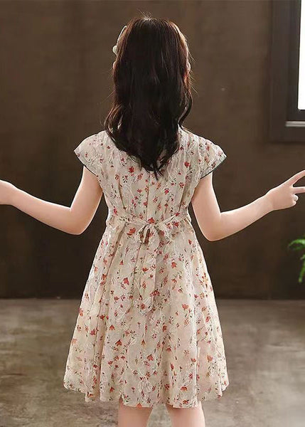 2024 New Green Stand Collar Print Girls Maxi Dresses Short Sleeve MN010 MM-RCTZ-SDL240701