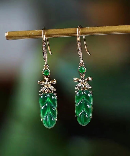 2024 New Green Sterling Silver Overgild Jade Lea Drop Earrings QU044 JEW-EAR241007