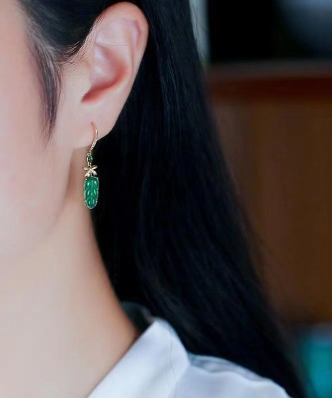 2024 New Green Sterling Silver Overgild Jade Lea Drop Earrings QU044 JEW-EAR241007