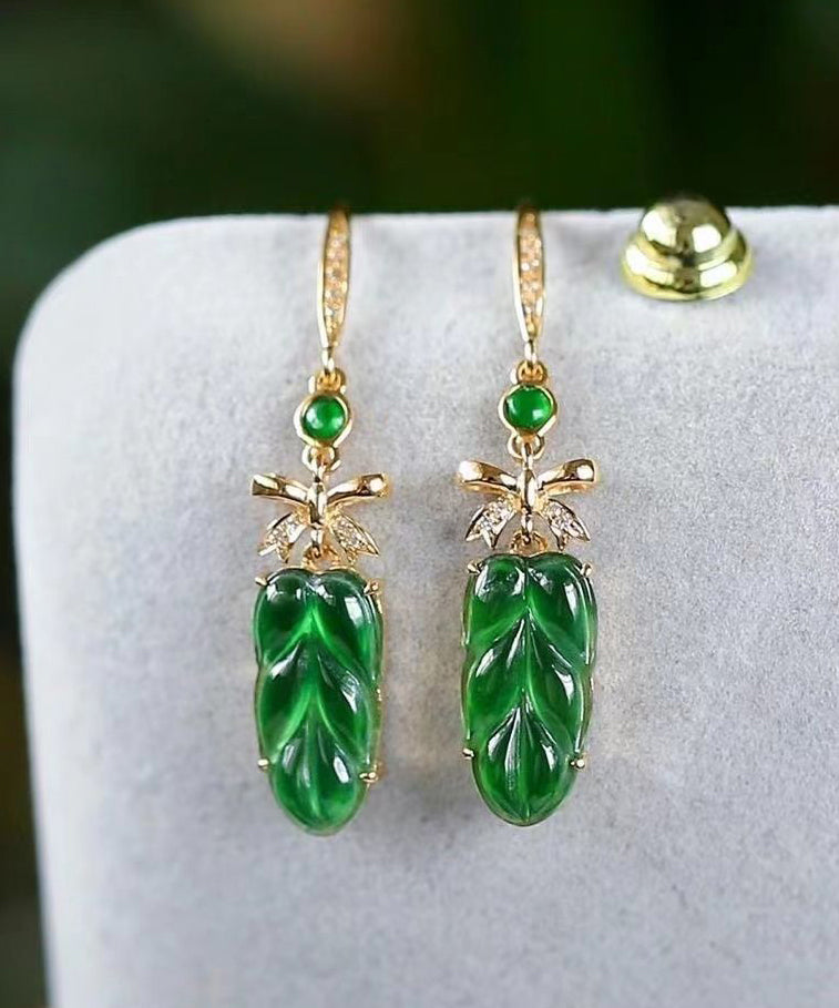 2024 New Green Sterling Silver Overgild Jade Lea Drop Earrings QU044 JEW-EAR241007