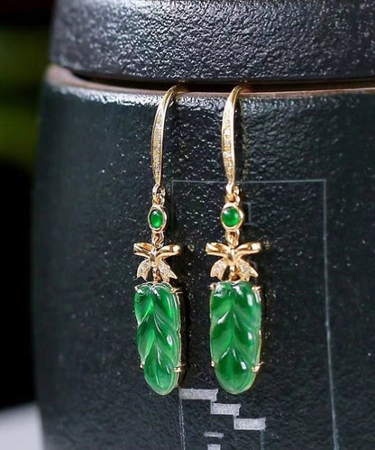 2024 New Green Sterling Silver Overgild Jade Lea Drop Earrings QU044 JEW-EAR241007