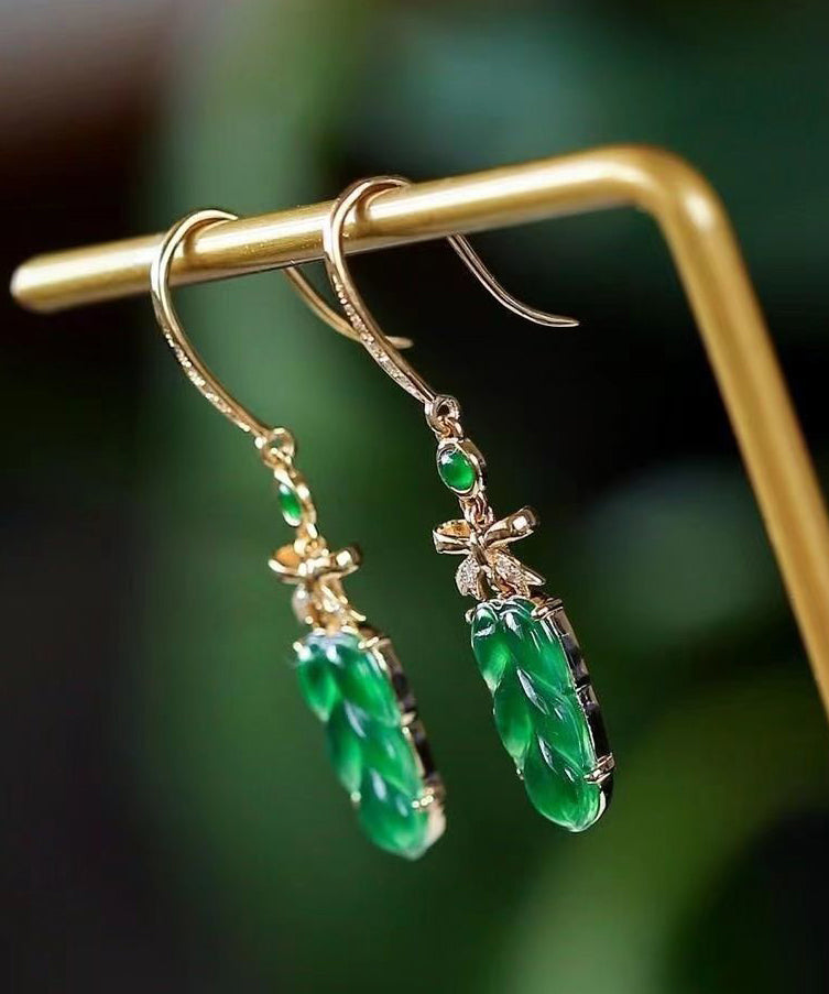 2024 New Green Sterling Silver Overgild Jade Lea Drop Earrings QU044 JEW-EAR241007