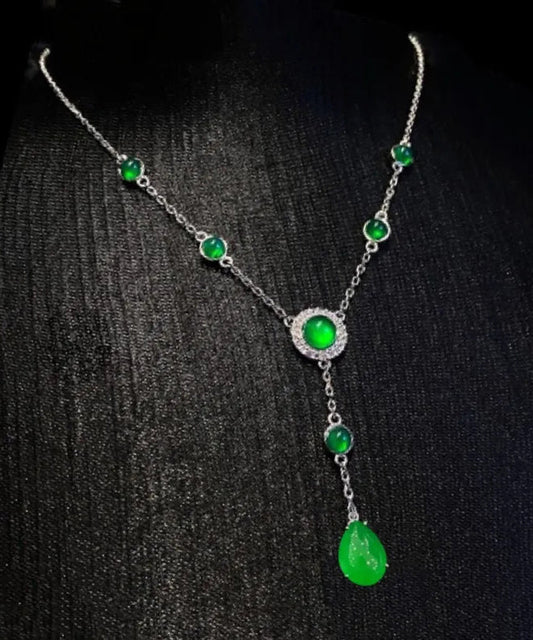 2024 New Green Sterling Silver Overgild Zircon Jade Tassel Pendant Necklace AC1033 Genistyle Shop