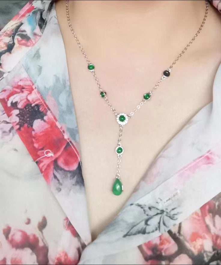 2024 New Green Sterling Silver Overgild Zircon Jade Tassel Pendant Necklace AC1033 Genistyle Shop