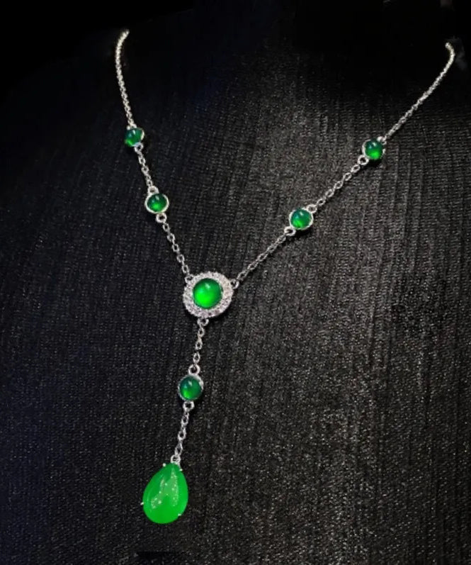 2024 New Green Sterling Silver Overgild Zircon Jade Tassel Pendant Necklace AC1033 Genistyle Shop