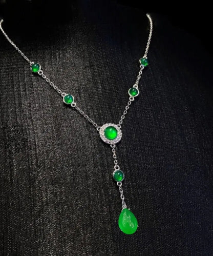 2024 New Green Sterling Silver Overgild Zircon Jade Tassel Pendant Necklace AC1033 Genistyle Shop