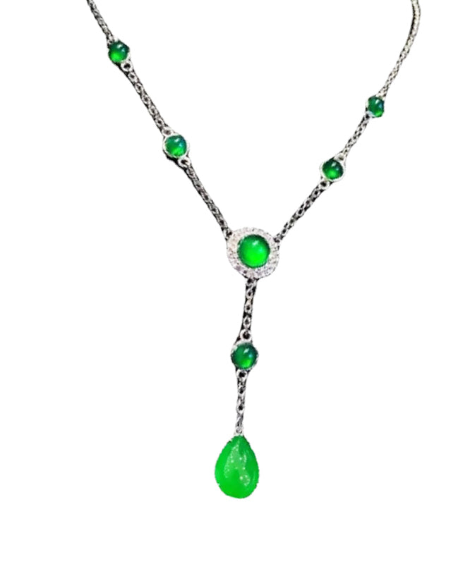 2024 New Green Sterling Silver Overgild Zircon Jade Tassel Pendant Necklace AC1033 Genistyle Shop