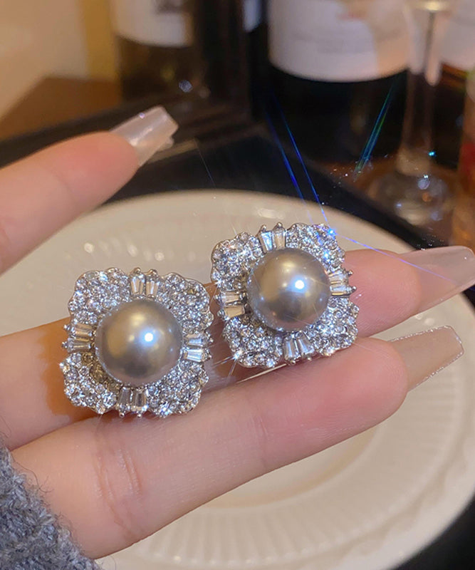 2024 New Grey Alloy Pearl Zircon Stud Earrings PO054 JEW-EAR240729