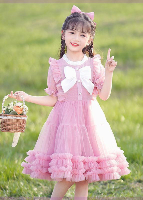 2024 New Pink O-Neck Bow Ruffled Patchwork Tulle Kids Maxi Dress Summer EW022 WS-JRTZSDL240810