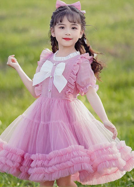 2024 New Pink O-Neck Bow Ruffled Patchwork Tulle Kids Maxi Dress Summer EW022 WS-JRTZSDL240810