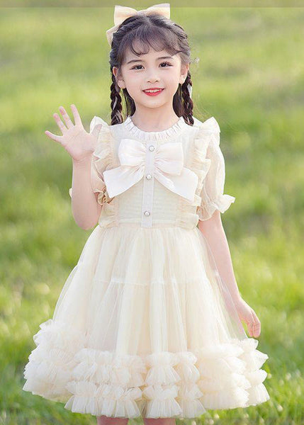 2024 New Pink O-Neck Bow Ruffled Patchwork Tulle Kids Maxi Dress Summer EW022 WS-JRTZSDL240810