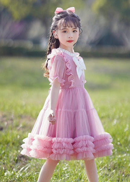 2024 New Pink O-Neck Bow Ruffled Patchwork Tulle Kids Maxi Dress Summer EW022 WS-JRTZSDL240810
