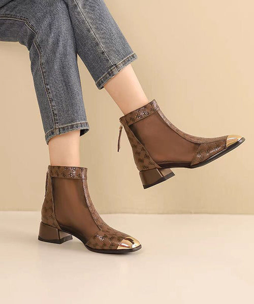 2024 New Summer Coffee Tulle Splicing Chunky Heel Sandals Boots OI050 shoe-XZ240801