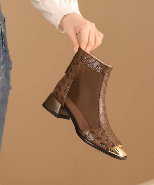 2024 New Summer Coffee Tulle Splicing Chunky Heel Sandals Boots OI050 shoe-XZ240801