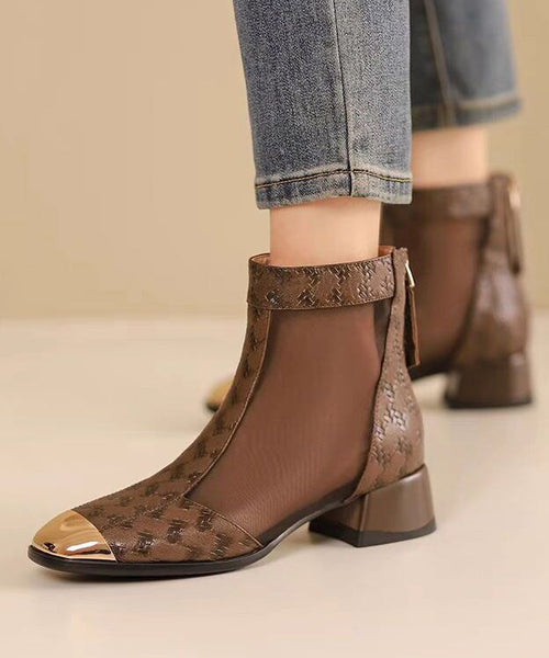 2024 New Summer Coffee Tulle Splicing Chunky Heel Sandals Boots OI050 shoe-XZ240801