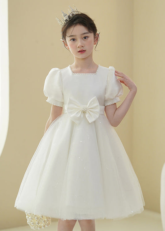 2024 New White Nail Bead Bow Tulle Girls Mid Dress Puff Sleeve XZ040 SDGM240618