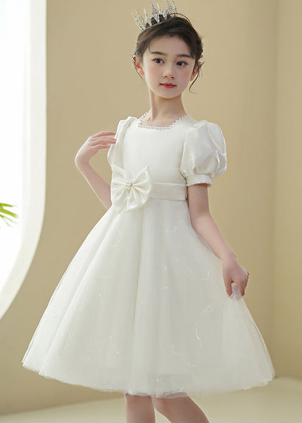 2024 New White Nail Bead Bow Tulle Girls Mid Dress Puff Sleeve XZ040 SDGM240618