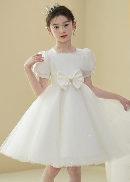 2024 New White Nail Bead Bow Tulle Girls Mid Dress Puff Sleeve XZ040 SDGM240618