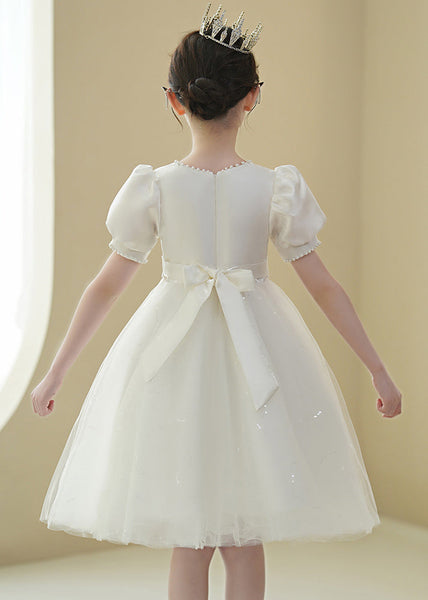 2024 New White Nail Bead Bow Tulle Girls Mid Dress Puff Sleeve XZ040 SDGM240618
