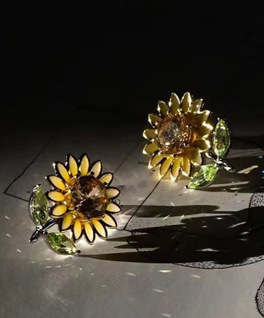 2024 New Yellow Sterling Silver Overgild Zircon Enamel Sunflower Stud Earrings DF1006 Ada Fashion