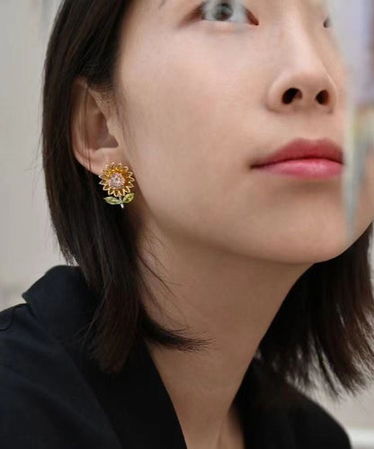 2024 New Yellow Sterling Silver Overgild Zircon Enamel Sunflower Stud Earrings DF1006 Ada Fashion