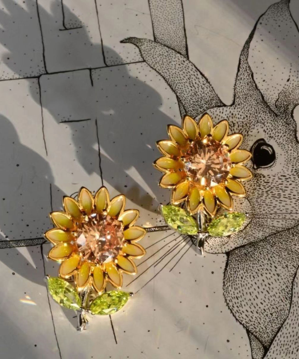 2024 New Yellow Sterling Silver Overgild Zircon Enamel Sunflower Stud Earrings DF1006 Ada Fashion