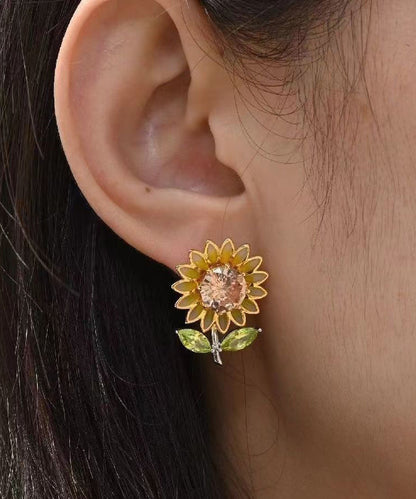 2024 New Yellow Sterling Silver Overgild Zircon Enamel Sunflower Stud Earrings DF1006 Ada Fashion