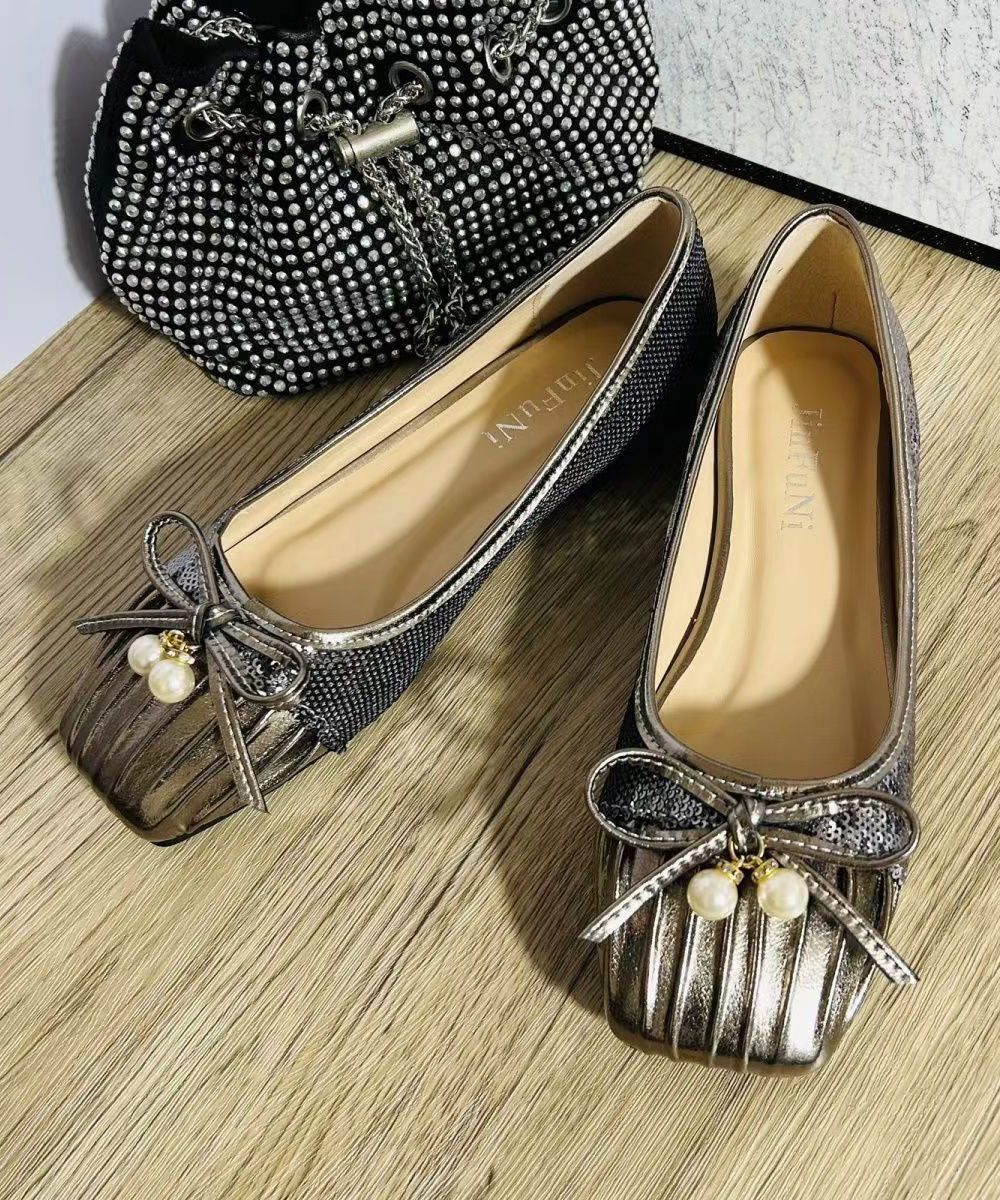 2024 Pearl Bow Wrinkled Square Head Flats Shoes CZ1039 Ada Fashion