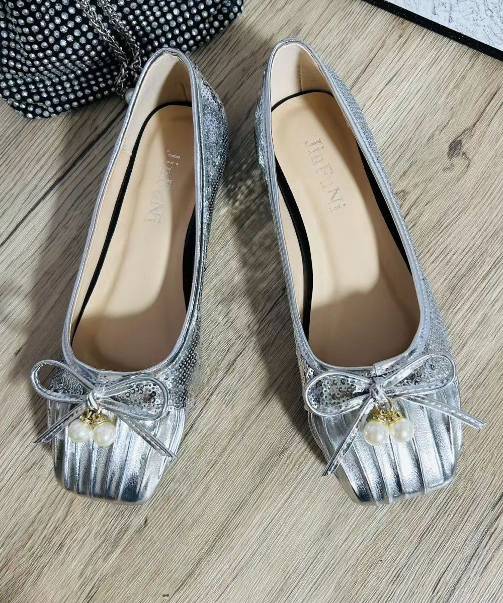 2024 Pearl Bow Wrinkled Square Head Flats Shoes CZ1039 Ada Fashion