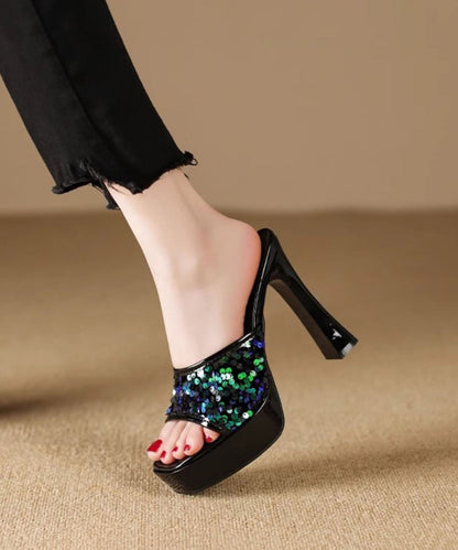2024 Sequins Splicing High Heel Black Slide Sandals Peep Toe DD1056 Shoe-LT240605