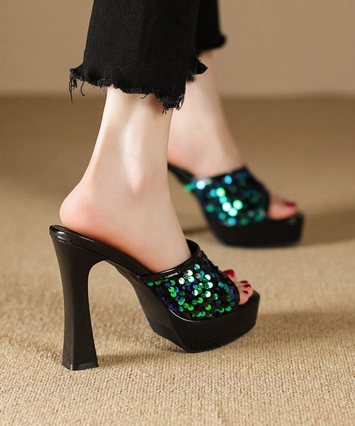 2024 Sequins Splicing High Heel Black Slide Sandals Peep Toe DD1056 Shoe-LT240605