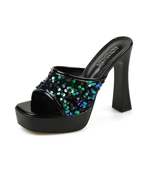 2024 Sequins Splicing High Heel Black Slide Sandals Peep Toe DD1056 Shoe-LT240605