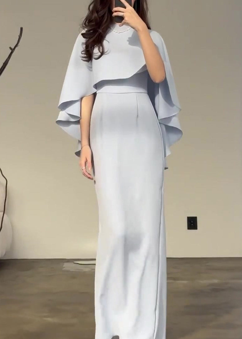 2024 Slim Fit Light Blue Silk Shawl Waist Cinched Dress WO052 OM-ZS241108