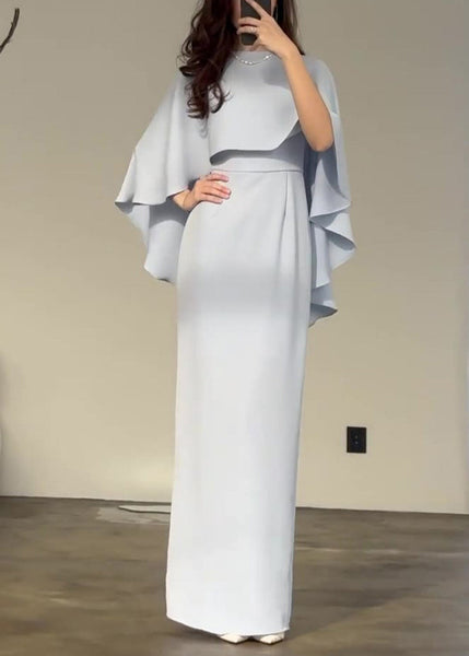 2024 Slim Fit Light Blue Silk Shawl Waist Cinched Dress WO052 OM-ZS241108