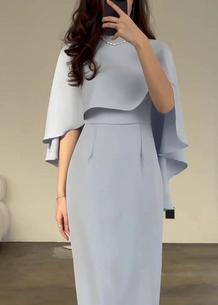 2024 Slim Fit Light Blue Silk Shawl Waist Cinched Dress WO052 OM-ZS241108