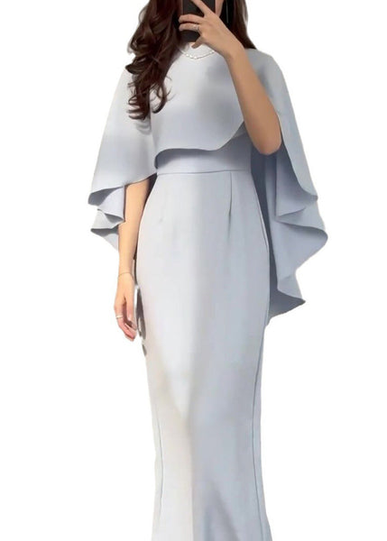 2024 Slim Fit Light Blue Silk Shawl Waist Cinched Dress WO052 OM-ZS241108