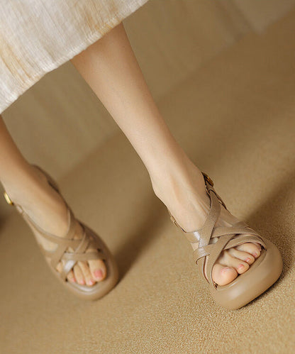 2024 Splicing Chunky Sandals Apricot Cowhide Leather Peep Toe OI017 shoe-LX240801