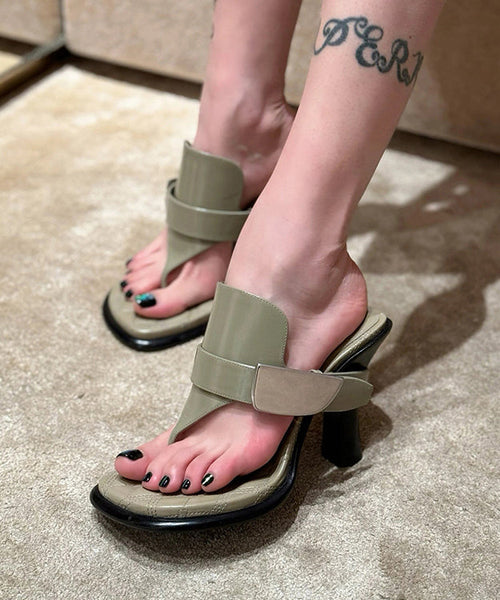 2024 Splicing High Heel Flip Flops Green Faux Leather WT008 shoe-JB241030