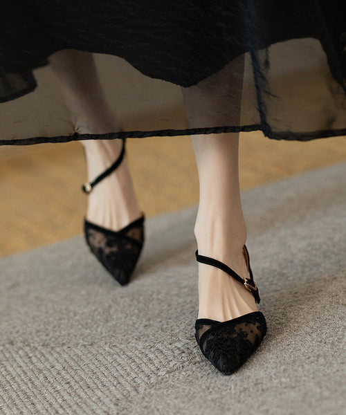 2024 Splicing High Heel Sandals French Black Tulle Pointed Toe KJ026 Shoe-LX240714