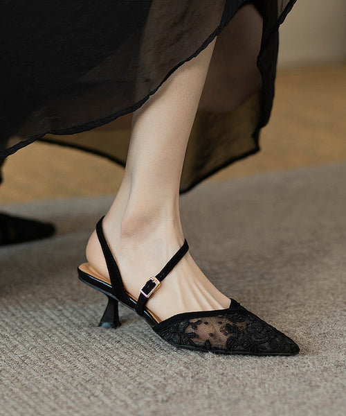 2024 Splicing High Heel Sandals French Black Tulle Pointed Toe KJ026 Shoe-LX240714