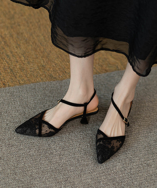 2024 Splicing High Heel Sandals French Black Tulle Pointed Toe KJ026 Shoe-LX240714