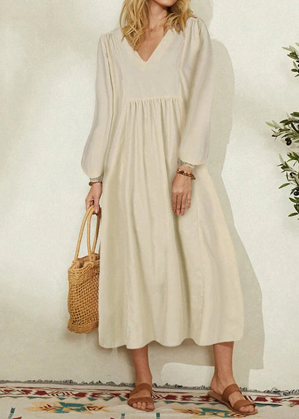2024 Women's Orange Cotton Linen Loose Balloon Sleeve Dress VB1032 Ada Fashion