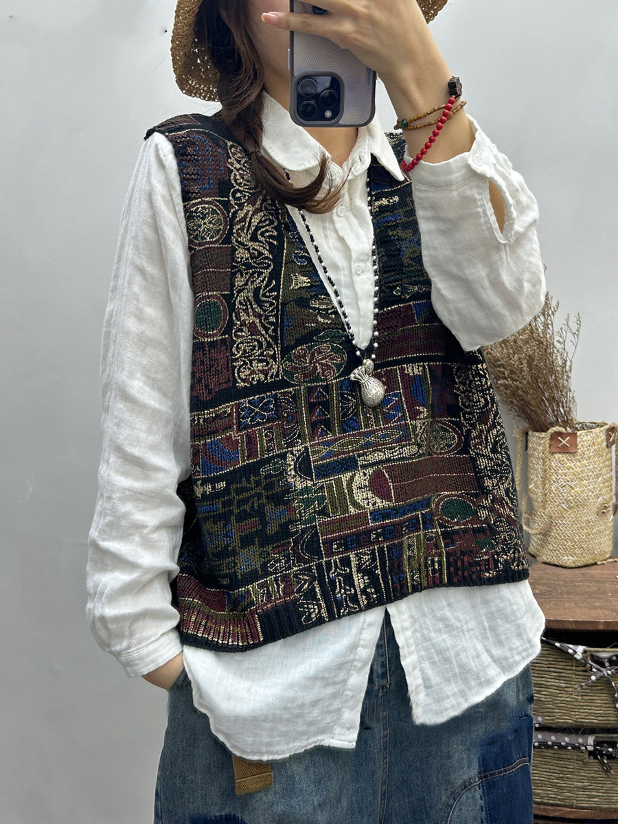 Women Vintage Print Knitted V-Neck Vest OO1029 ZMMM