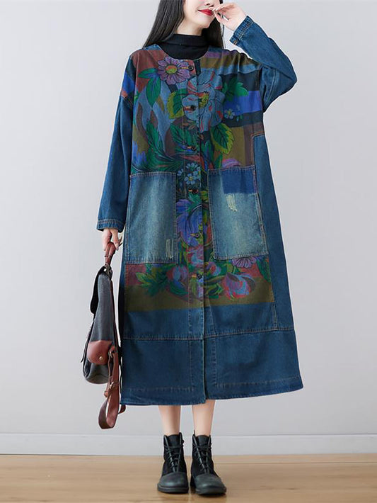 Women Spring Flower Print Loose Long Denim Dress AS1038 YTLSFZ