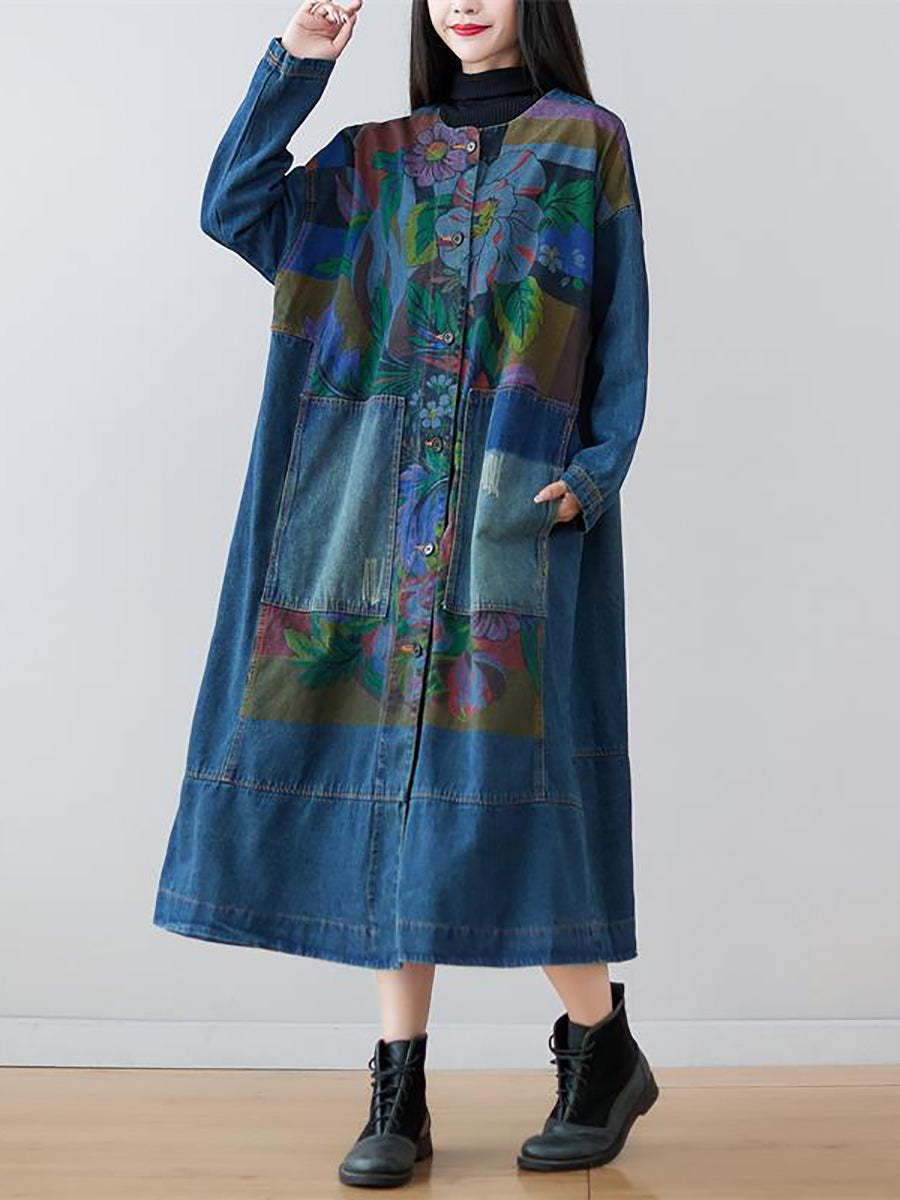 Women Spring Flower Print Loose Long Denim Dress AS1038 YTLSFZ