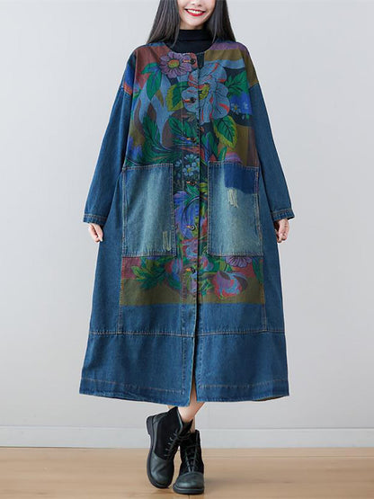 Women Spring Flower Print Loose Long Denim Dress AS1038 YTLSFZ