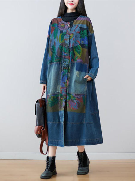 Women Spring Flower Print Loose Long Denim Dress AS1038 YTLSFZ