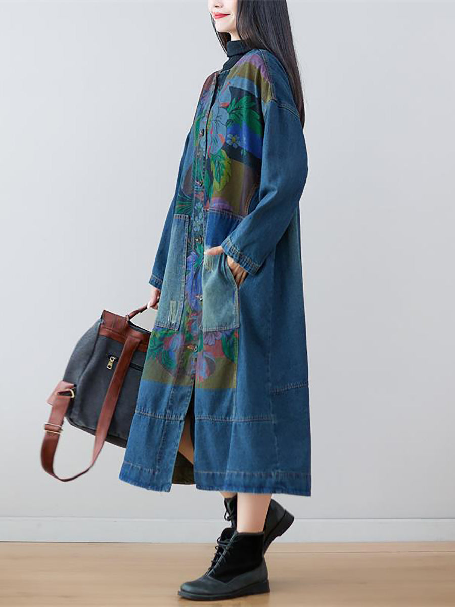 Women Spring Flower Print Loose Long Denim Dress AS1038 YTLSFZ