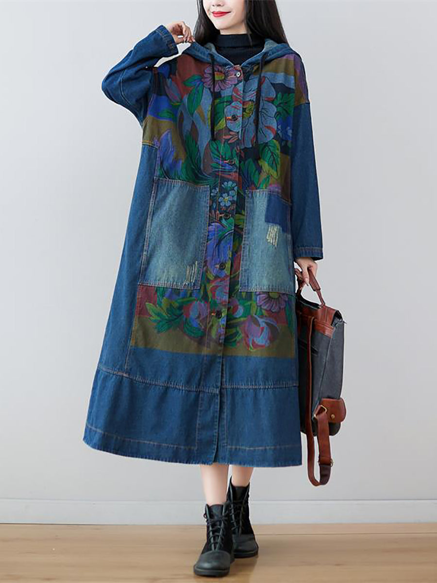 Women Spring Flower Print Loose Long Denim Dress AS1038 YTLSFZ